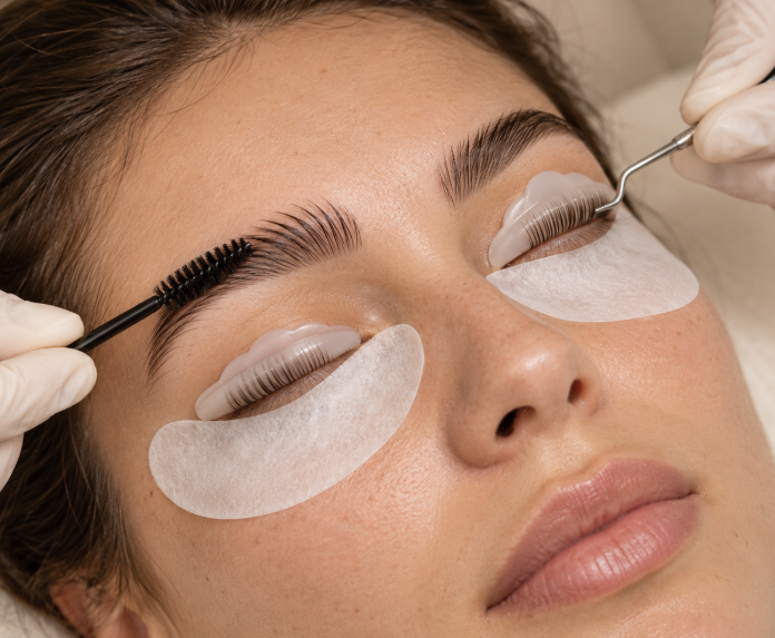 Lash Lift och Brow Lamination under behandling med shields och spoolie